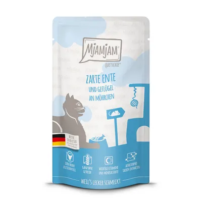 MjAMjAM Quetschie anatra tenera e pollame con carotine. Qualità tedesca, alto contenuto di carne, senza cereali, vitamine e minerali essenziali.