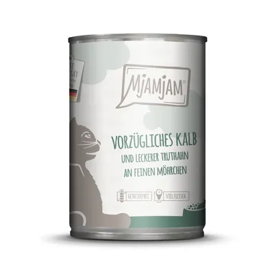 MjAMjAM Katzenfutterdose mit vorzüglichem Kalb, Truthahn und feinen Möhrchen. Getreidefrei, viel Fleisch. Hergestellt in Deutschland.