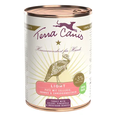 Boîte Terra Canis Light pour chien, texte visible : Pute mit Sellerie, Ananas & Sanddornbeeren, <3% Fett/Fat, 100% Natur, Turkey with celery, pineapple & buckthorn berries.