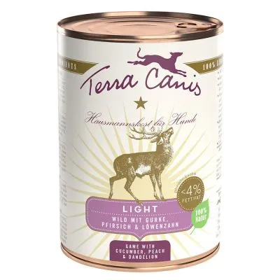 Terra Canis Light, dziczyzna z ogórkiem, brzoskwinią i mniszkiem. <4% tłuszczu, 100% naturalne. Hausmannskost für Hunde. Game with cucumber, peach & dandelion.
