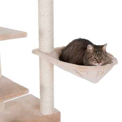 Kratzbaum mit beiger Hängematte und Sisalstämmen, Katze liegt in der Hängematte.
