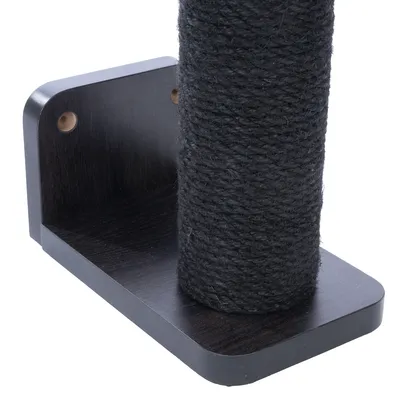 Colonna tiragraffi nera in sisal con base in legno e supporto a parete, adatta per il montaggio a muro.