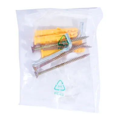 Set composto da tasselli gialli, viti e una chiave a brugola a L in confezione trasparente in plastica con simbolo di riciclo PE-LD 04.