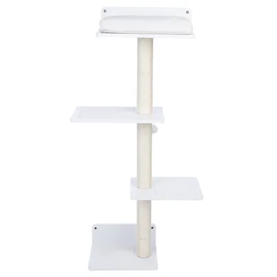 Arbre à chat blanc avec quatre plateformes carrées, poteau central recouvert de corde sisal, coussin amovible sur la plateforme supérieure. Matériaux visibles : bois, tissu, sisal.