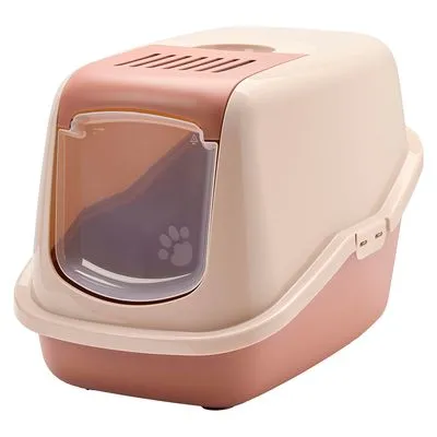 Kattenbak met deksel, kunststof, transparant klapdeurtje met pootafdruk, ventilatierooster bovenop, handgreep en zijklemmen zichtbaar.