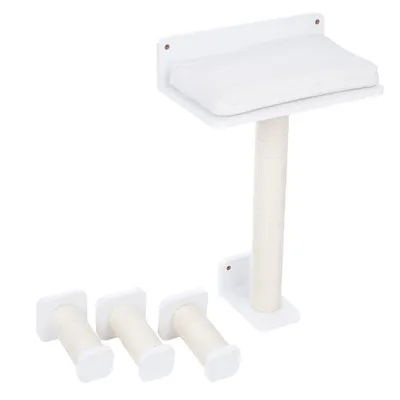 Pannello tiragraffi da parete bianco con asta in sisal e superficie imbottita, include quattro rulli in sisal intercambiabili.
