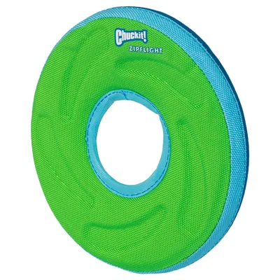 Chuckit! Zipflight, groene en blauwe werpring met gat in het midden.