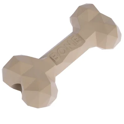 Béžová žvýkací hračka ve tvaru kosti s geometrickým designem a nápisem 'BONE'.