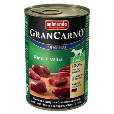 Konzerva animonda GranCarno Original Rind + Wild, hovädzie a zverina, 400 g. Text: ADULT, 100 % frische Zutaten, getreidefrei, glutenfrei, Made in Germany.