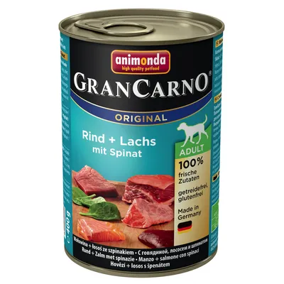 Konzerva animonda GranCarno Original Rind + Lachs mit Spinat, hovädzie a losos so špenátom, 400 g. Text: ADULT, 100 % frische Zutaten, getreidefrei, glutenfrei, Made in Germany.