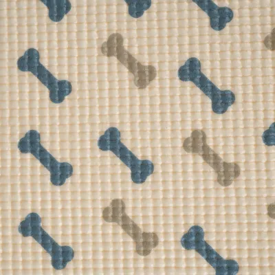 Gros plan sur une surface texturée en plastique beige avec motifs d’os bleus et gris répétés, sans autre information visible.