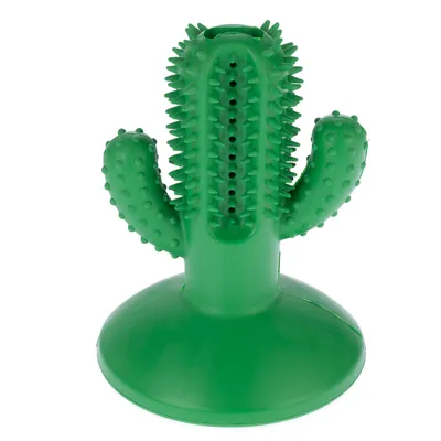 Grønt tyggelegetøj i kaktusform med knopper og huller, egnet til tandpleje.