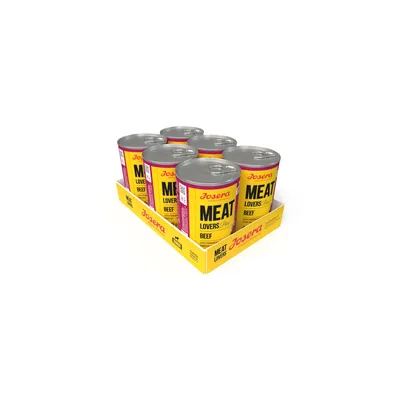Josera Meat Lovers Plus Beef, 6 konzerv v žltom balení. Podľa nápisu 100 % živočíšny zdroj bielkovín.