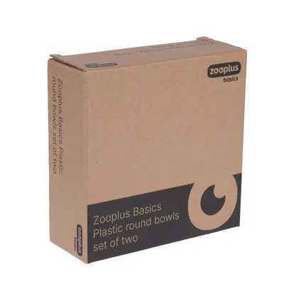 Zooplus Basics -pakkaus, jossa teksti 'Plastic round bowls set of two'.