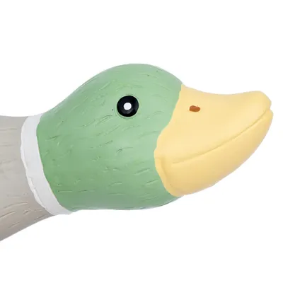 Jouet pour chien en forme de tête de canard, matière plastique visible, détails verts et jaunes, œil noir. Aucun texte ou marque apparente.