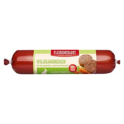 Fleischeslust Wildkaninchen mit Wurzelgemüse, Leinöl und Petersilie. Alleinfuttermittel, 100% frisches Fleisch.