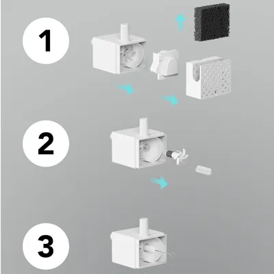 Anleitung zur Reinigung eines Filters in drei Schritten: 1. Filter entfernen, 2. Einzelteile auseinandernehmen und reinigen, 3. Filter wieder zusammenbauen.