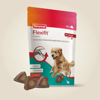 Beaphar Flexifit Chews, unterstützt Gelenkbeweglichkeit mit UC-II®, Omega 3, Glucosamin, Vitamin E. Optimum Level 3, 30 Stück.