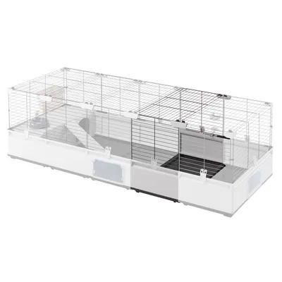 Grosses Gehege mit Metall-Gitterwänden, weissem Kunststoffboden und Plexiglasfenstern. Innen mit Rampe und Plattform ausgestattet.