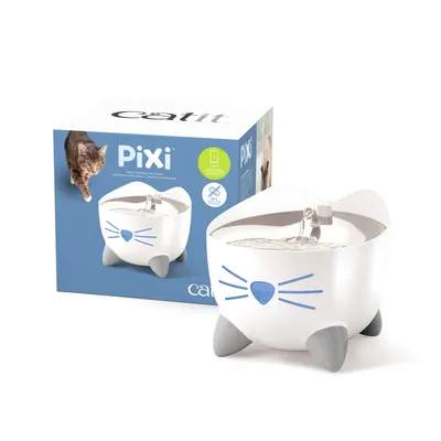 Catit Pixi Trinkbrunnen mit UV-C-Filter, Verpackung zeigt Produkt und Katze. Smart-Trinkfunktion für Haustiere.