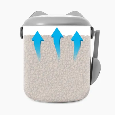 Transparent container with grey lid, filled with dry food. Three blue arrows point upwards, symbolising air circulation or freshness.