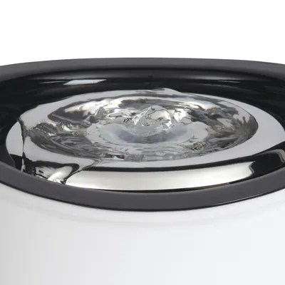 Gros plan sur une fontaine à eau pour animaux, rebord noir et intérieur en acier inoxydable, eau en mouvement visible au centre du bol.
