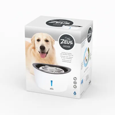 Fontaine à eau Zeus Cascade avec dessus en acier inoxydable, capacité 6 L, emballage montrant le produit et le nom de la marque.