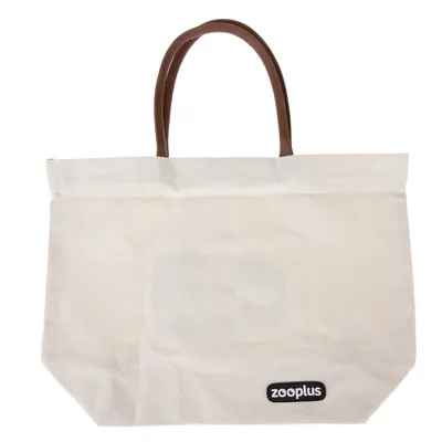 Borsa in tessuto beige con manici marroni e logo Zooplus in basso a destra.