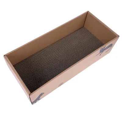 Rechteckige Kratzbox aus brauner Pappe mit Wabenstruktur im Inneren, aussen bedruckt mit Katzenmotiven.