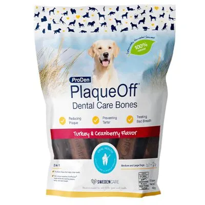 ProDen PlaqueOff Dental Care Bones, Turkey & Cranberry Flavor. Vermindert tandplak, voorkomt tandsteen, behandelt slechte adem. Voor medium en grote honden. SWEDENCARE merk.