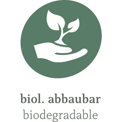 Symbol für biologisch abbaubar mit einer Hand, die eine Pflanze hält. Text: biol. abbaubar, biodegradable.