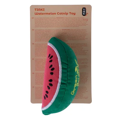 TIAMI Watermelon Catnip Toy, juguete para gatos con forma de sandía y catnip. Instrucciones en varios idiomas en el reverso.