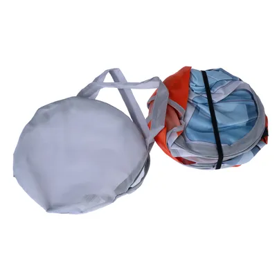 Zusammengefaltetes rundes Stoffprodukt mit Tragegriffen und elastischem Band, in Weiss und mehrfarbigem Design.