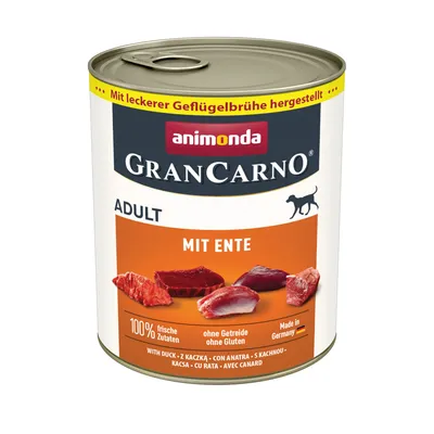 Animonda GranCarno Adult z kaczką, przygotowana na bulionie drobiowym. 100% świeżych składników, bez zbóż i glutenu, wyprodukowana w Niemczech.