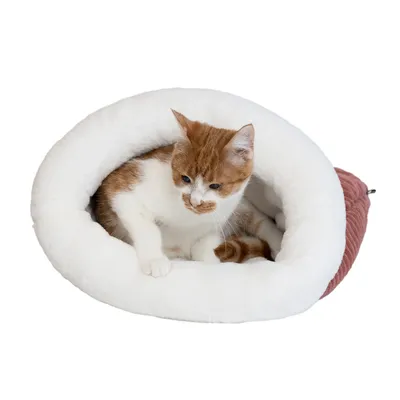 Chat roux et blanc allongé dans un tunnel ou nid douillet en tissu blanc à l’intérieur et rose à l’extérieur, forme arrondie, entrée ouverte visible.