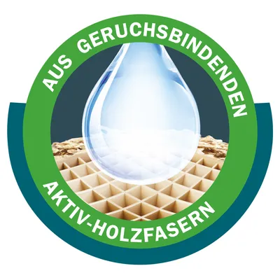Text på tyska: AUS GERUCHSBINDENDEN AKTIV-HOLZFASERN. Bild av vattendroppe och träfiberstruktur.