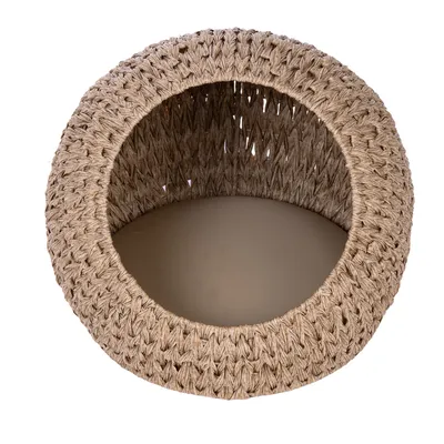 Niche ronde en osier tressé avec coussin intérieur, ouverture frontale visible, sans marque apparente.