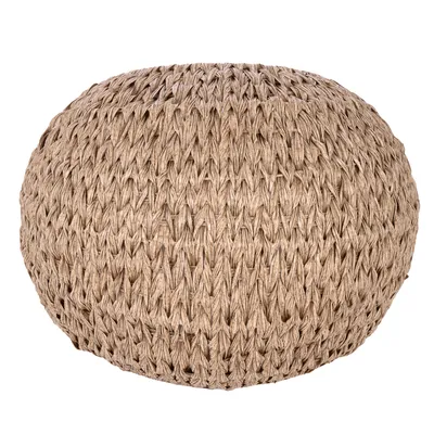 Coussin ou pouf rond en corde tressée, matériau visible : fibre naturelle de couleur beige, sans marque ni texte apparent.