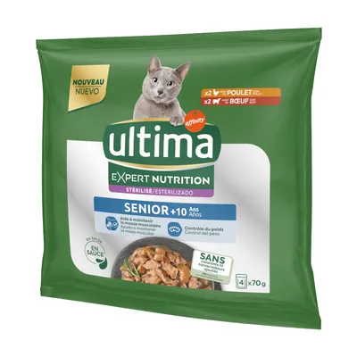Ultima Expert Nutrition Senior +10 jaar, gesteriliseerd. In saus, zonder kleurstoffen of conserveermiddelen. 4 x 70g met kip en rund. Helpt spiermassa behouden en gewicht beheersen.