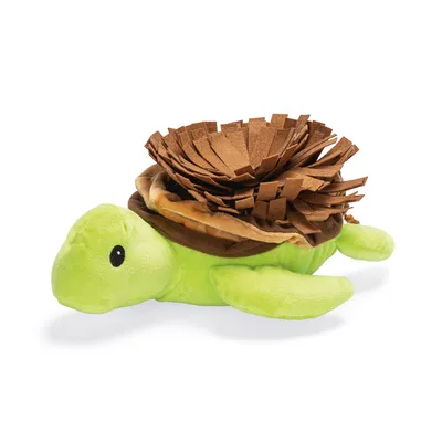 Green plush turtle with brown fabric attachment, suitable as interactive toy or sniffing mat for pets.