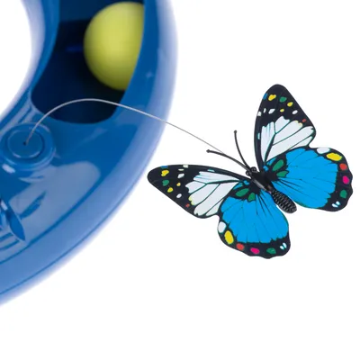 Blue toy with yellow ball and butterfly on wire, suitable for interactive play.