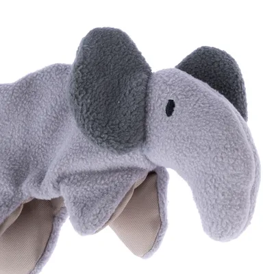 Soft elephant toy made of grey fabric with large ears and embroidered eyes.