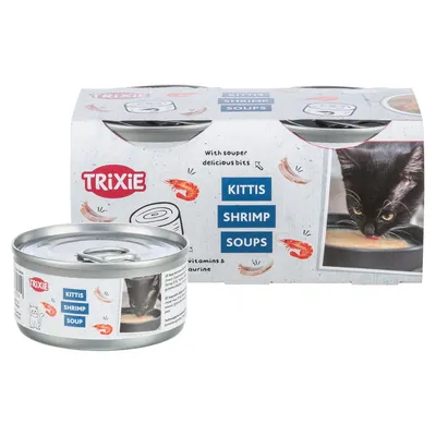 Boîte et emballage Trixie Kittis Shrimp Soups, texte en anglais, image d’un chat noir léchant de la soupe, illustrations de crevettes visibles sur l’emballage.