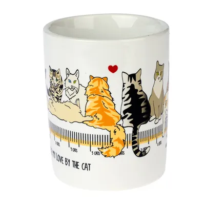 Tasse blanche avec illustrations de chats, échelle graduée indiquant 1 à 5 chats et texte visible : 'MEASURE MY LOVE BY THE CAT'.
