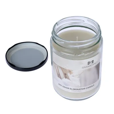 Smartpet Pet Odor Eliminator Candle, vůně Fresh Linen, skleněná nádoba s odnímatelným víkem.