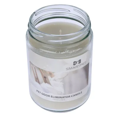 Smartpet Pet Odor Eliminator Candle, vůně Fresh Linen, bílá svíčka ve skle s etiketou a motivem bavlny.