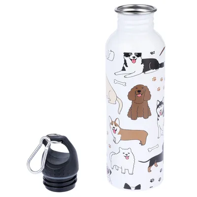 Gourde en métal blanc avec illustrations de chiens, bouchon noir amovible avec mousqueton métallique visible à côté.