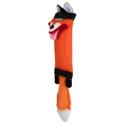 Jouet pour chien en forme de renard orange avec museau, langue rose, oreilles noires et blanches, queue en peluche orange et blanche, parties en tissu et peluche visibles.