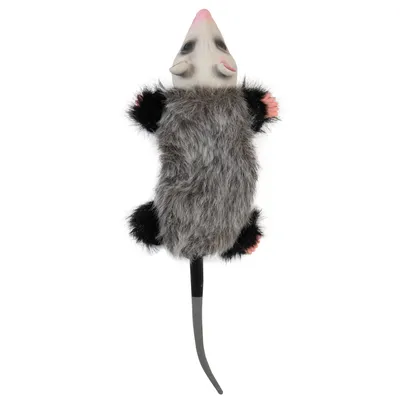 Toy in the shape of a grey mouse with faux fur, pink nose and black paws. Suitable for pets to play with.