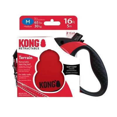 KONG Retractable Terrain uitrolbare hondenriem, maat M, tot 30 kg, lengte 5 m. Soft-grip handvat, 2 jaar garantie. Reflecterende tape zichtbaar op verpakking.